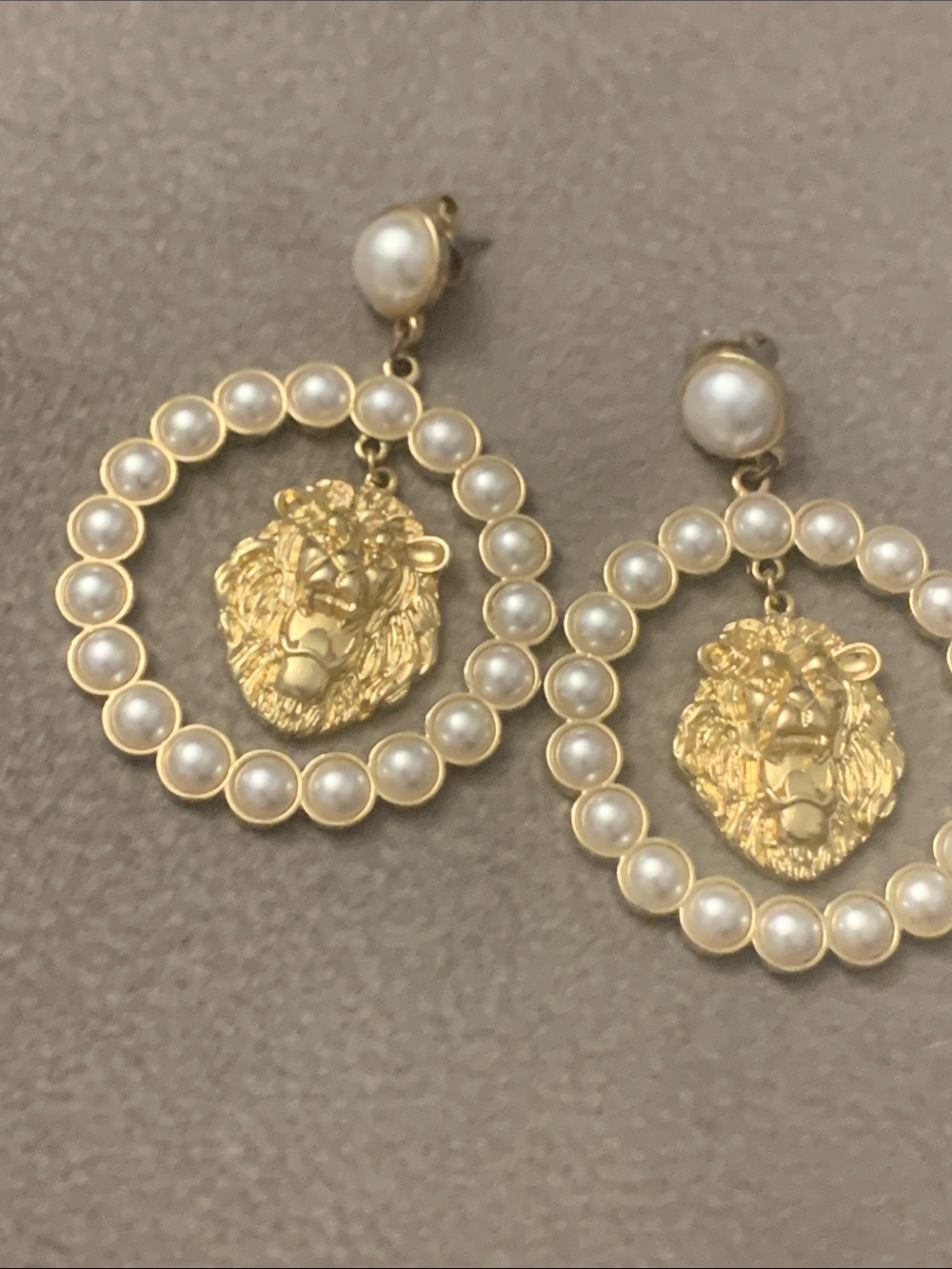 Gold Lion Pearl Hoop Drop Earrings - White Pearls